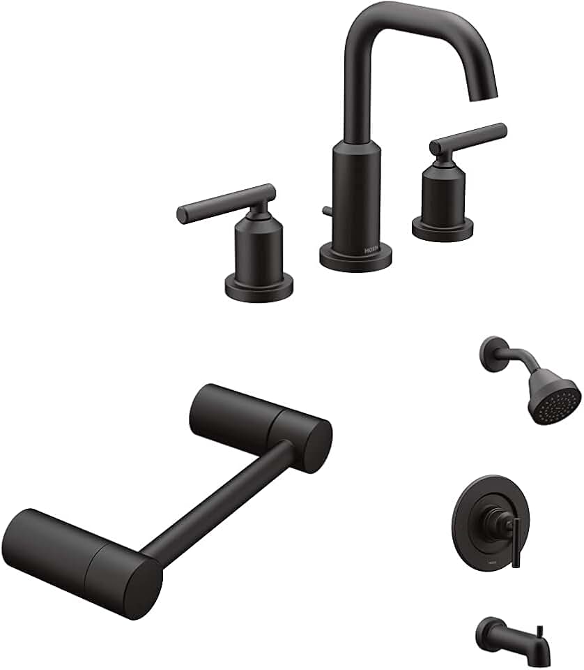 Moen Gibson Two-Handle 8-Inch Widespread High-Arc Modern Bathroom Sink Faucet, Pivoting Double Post Toilet Paper Holder, and Posi-Temp Pressure Balancing Tub and Shower Trim, Matte Black