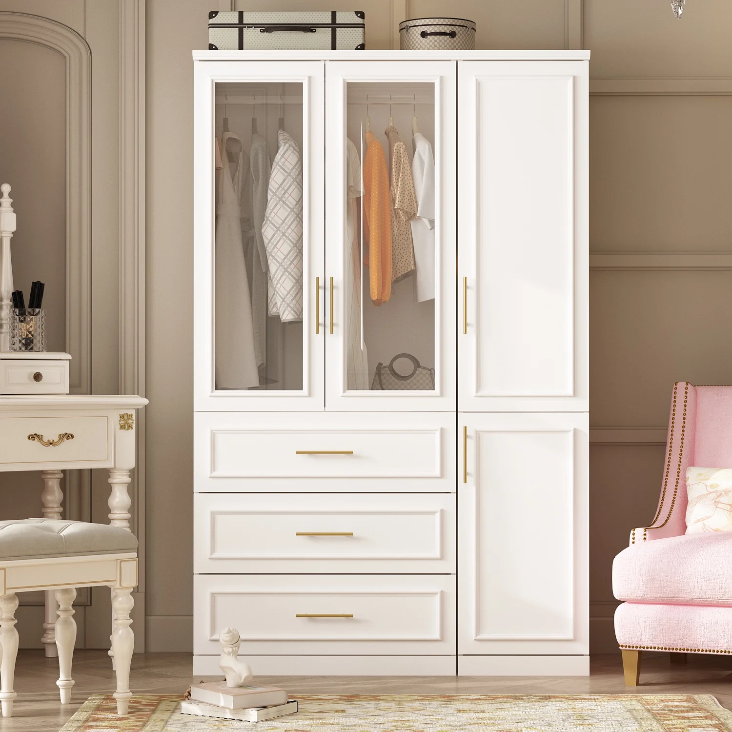 OXYLIFE Wardrobe Armoire Closet Cabinet with Glass Doors, Hanging Rod and Drawers for Bedroom, 47.4