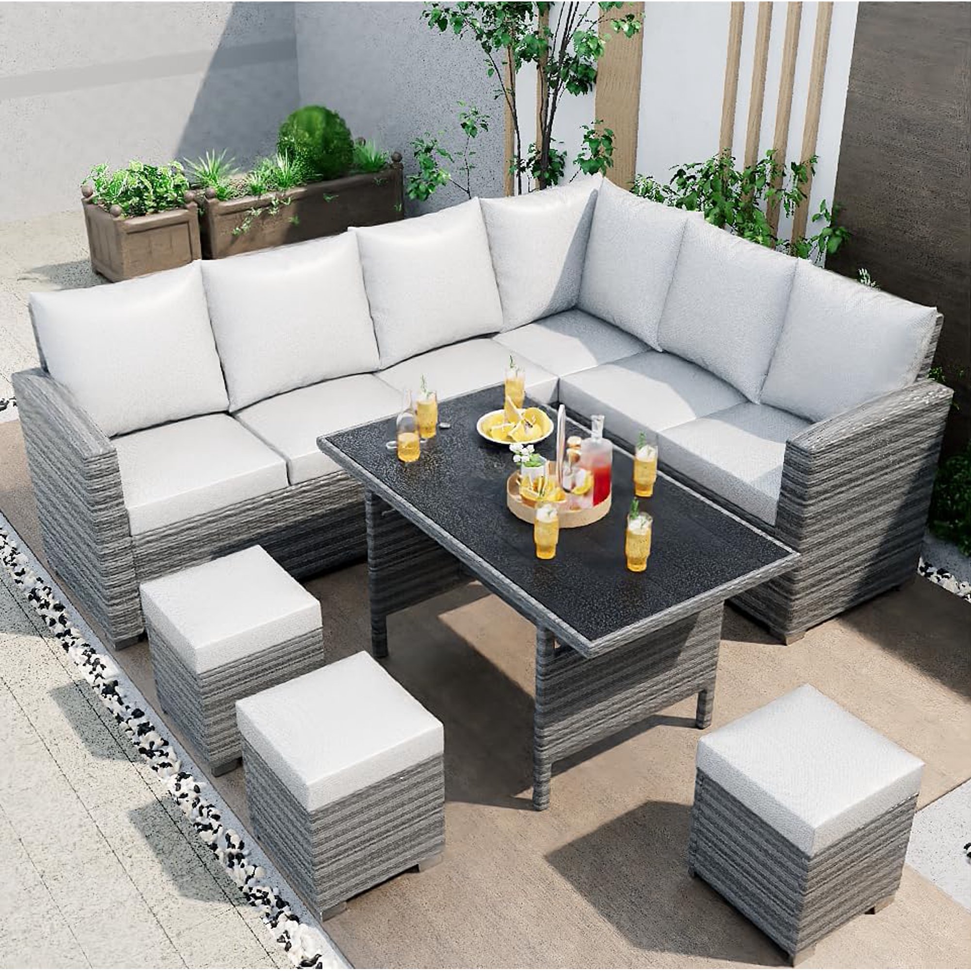 Patio Furniture Set--7PCS Outdoor Patio Furniture,PE Rattan Grey Wicker with Dining Table &Chair,Sectional Chair Set with Washable Cushions,Tea Table,Conversation Furniture for Garden Poolside