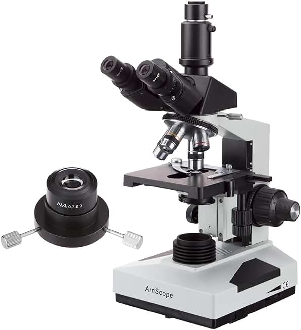 AmScope T490-DK Compound Trinocular Microscope, WF10x Eyepieces, 40X-1000X Magnification, Brightfield/Darkfield, Halogen Illumination, Abbe Condenser, Double-Layer Mechanical Stage, Sliding Head, High-Resolution Optics