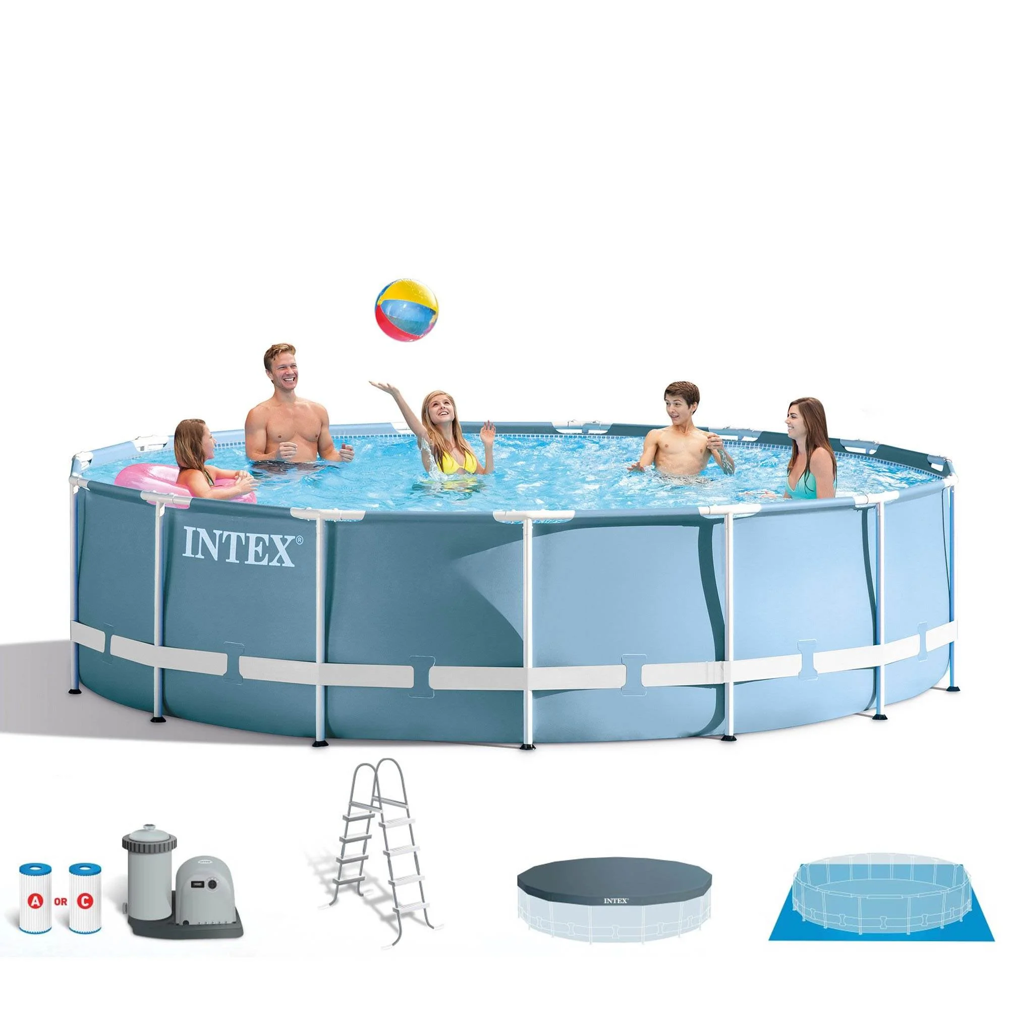 Intex 18ft x 48in Prism Frame Above Ground Swimming Pool & Ladder, Filter & Pump