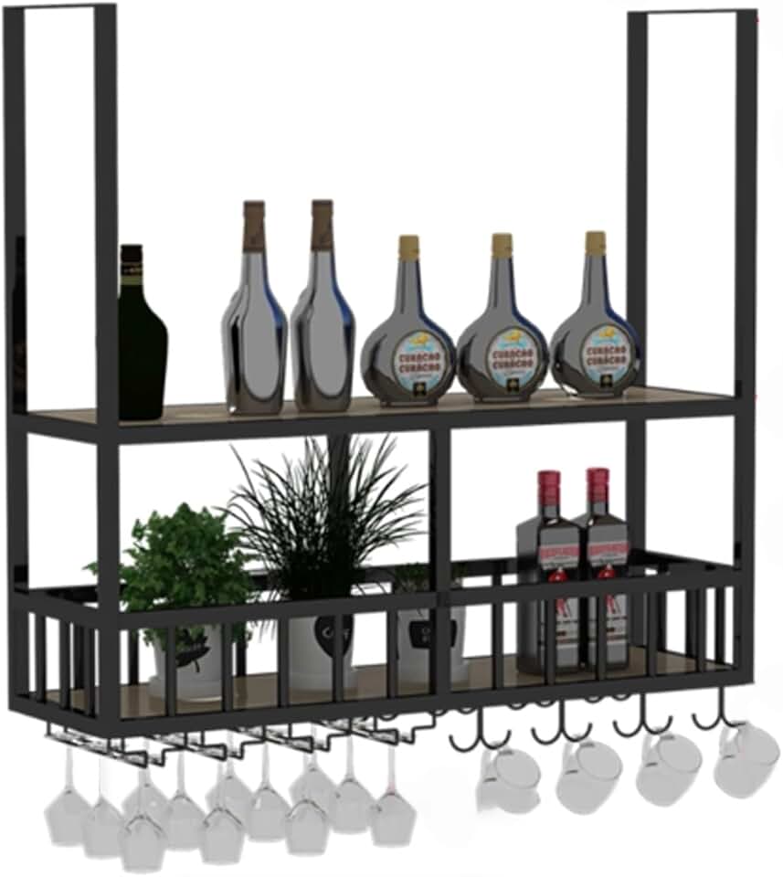 Iron Wine Shelf With Wine Glass Holder 2-Tiers Modern metal wine glass holder Hanging Display Storage wall mounted Goblet Display Storage with lights Wine Floating Storage Racks for Home Bars Kitchen(