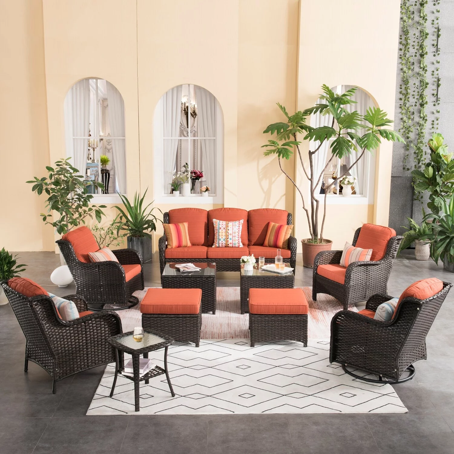 OVIOS  Patio Furniture Set 10-piece Wicker Rocking Swivel Chair Sectional Sofa Side Tables Coffee Table Red/Orange