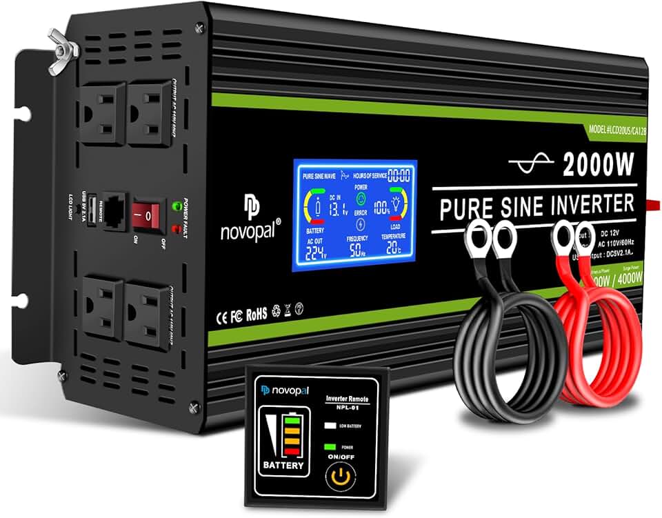 2000 Watt Pure Sine Wave Power Inverter DC 12V to AC 110V 120V Rv Inverters with 1 USB Port-16 feet Remote Control, LCD Display for Truck, Hurricane, Home