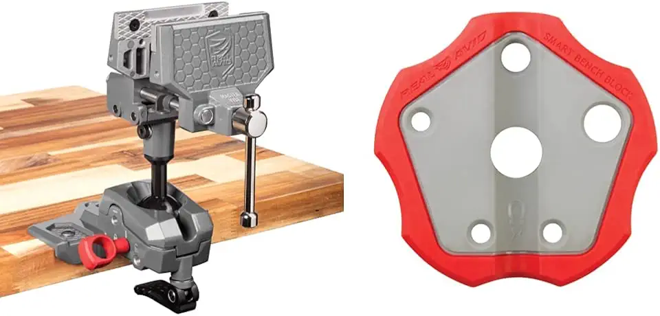 Real Avid Precision Bench Vise with Clamping Vise Jaws & Swiveling Vise Body |Multi-Use Handsfree Workbench Vice for Scope Mounting, Woodworking, Sharpening & More & Real Avid Smart Bench Block