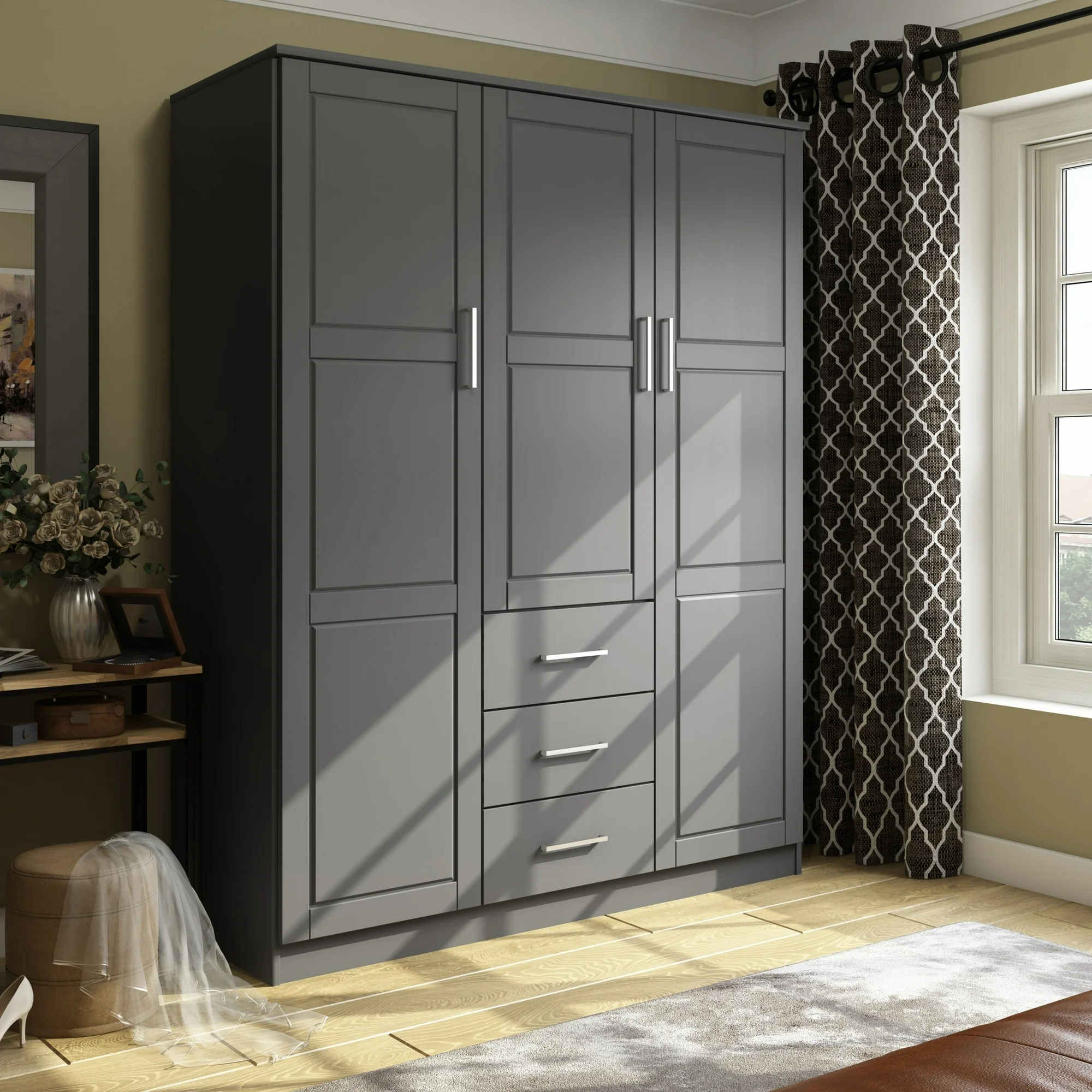 Palace Imports, Inc. Palace Imports 100% Solid Wood Cosmo 3-Door Wardrobe Armoire with Solid Wood or Mirrored Doors Grey-Raised Panel