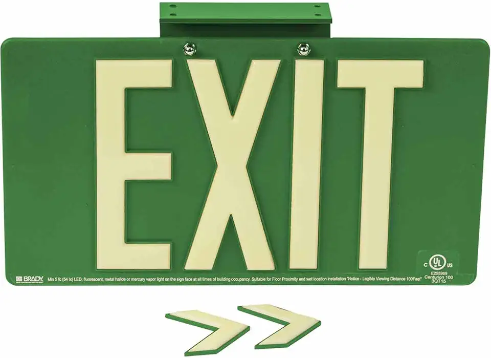 Brady Glo UL 924 Listed Exit Sign, ABS, 100' Viewing Distance, Single Sided with Bracket, Green