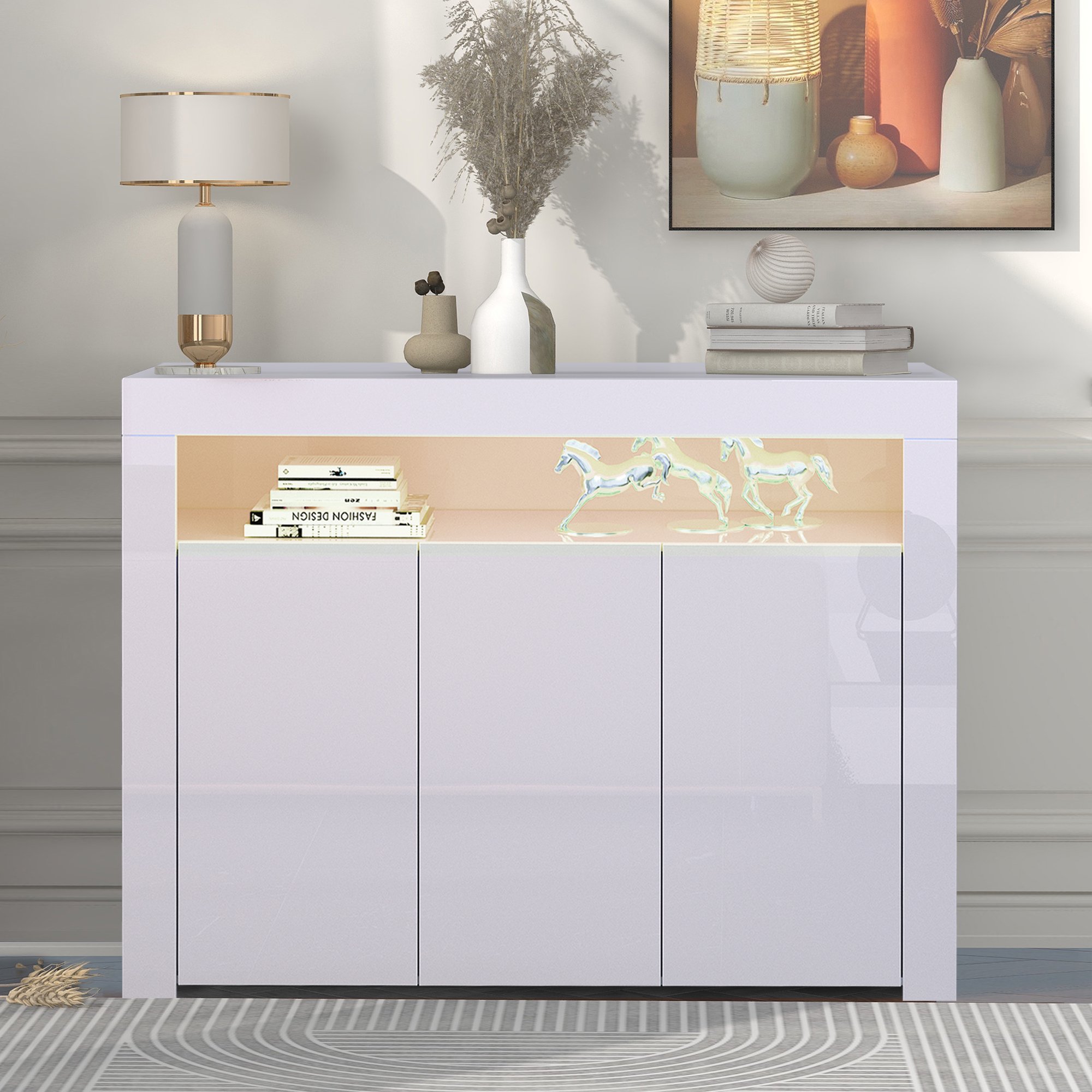 PAPROOS Kitchen Storage Sideboard, High Gloss Buffet Cabinet with 16 Colors LED Light, Modern Buffet Server Table Sideboard Cupboard for Dining Room, Wooden Display Cabinet for Living Room, White
