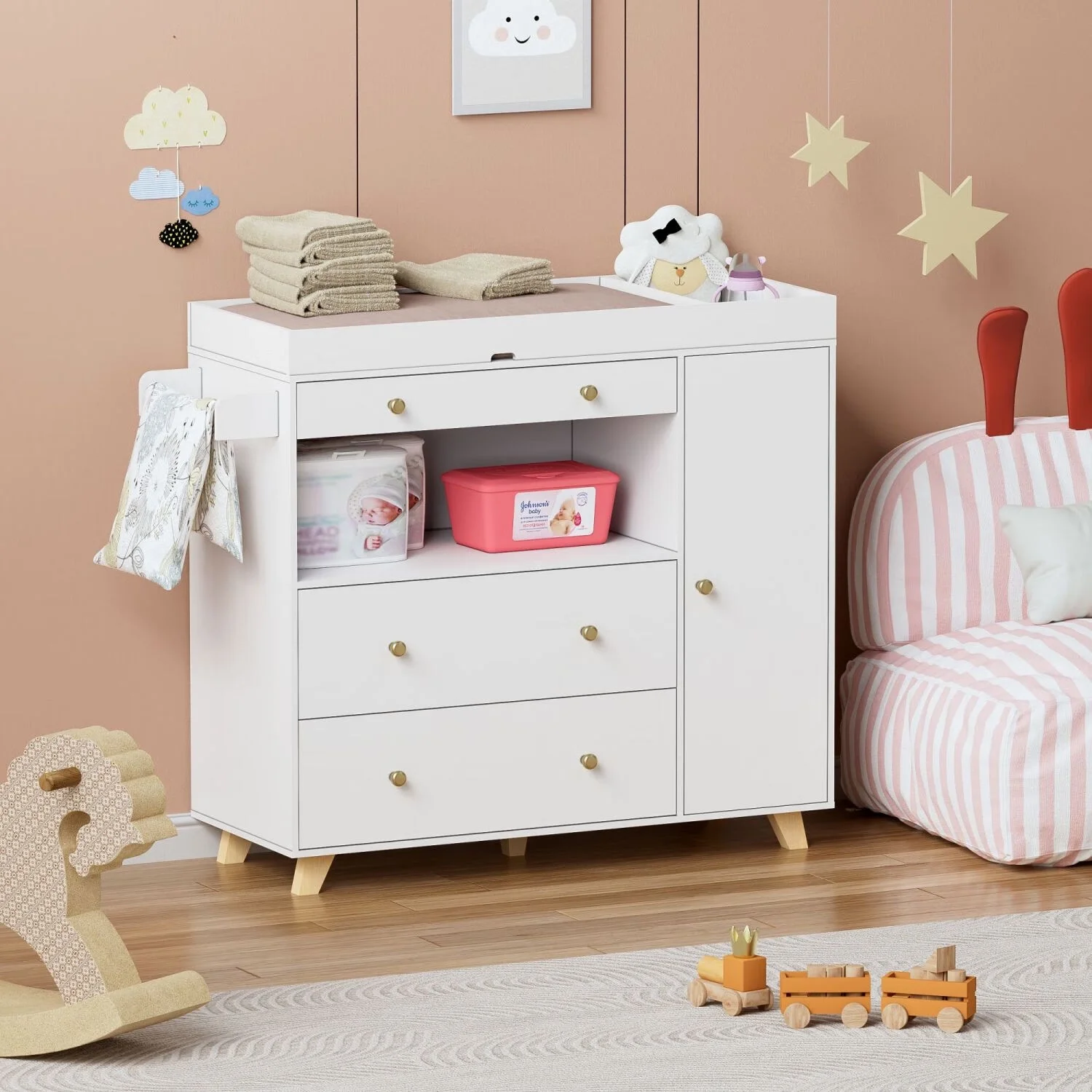 PAKASEPT Baby Changing Table Dresser Nursery Chest with Storage, 3 Drawers and 1 Storage Cabinet, White