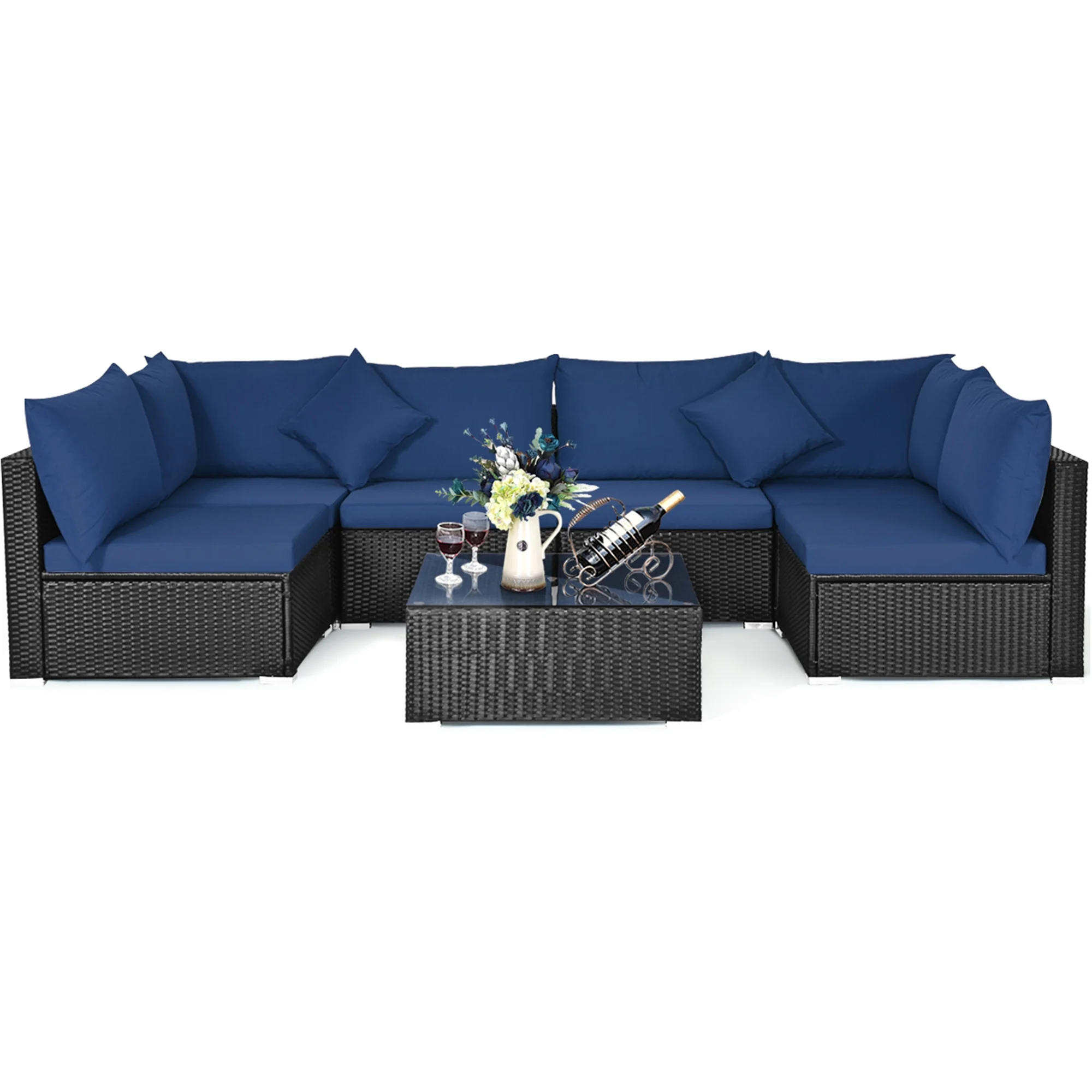 Patiojoy 7-Piece Patio PE Rattan Sectional Sofa Furniture Set Wicker Sofa Conversation Set Navy