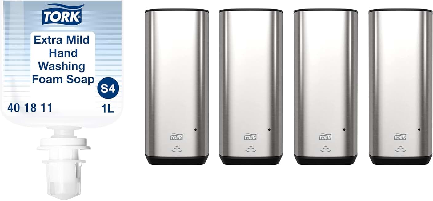 Tork Extra Mild Hand Washing Foam Soap S4, No Fragrance Added, 6 x 1L + Intuition Sensor Skincare Dispensers, Stainless Steel (Pack of 4)