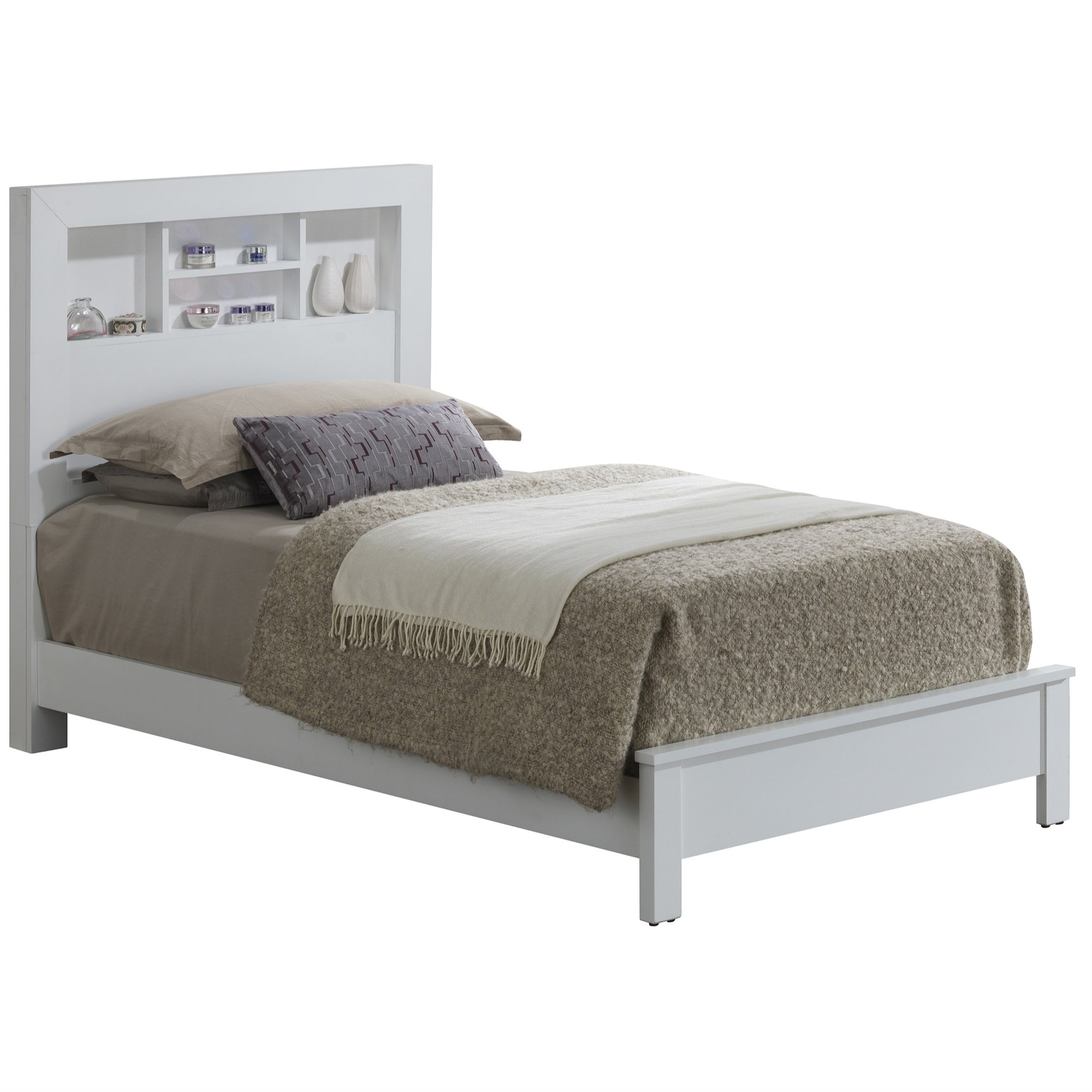 Passion Furniture Burlington White Twin Platform Bed with Storage Shelf