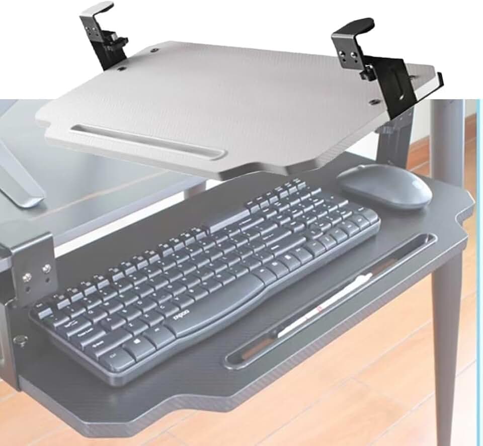 Slide Out Keyboard Drawer Ergonomic Keyboard and Mouse Tray, Under Desk Keyboard Tray with C Clamp, Height Adjustable Clamp on Keyboard Tray Under Desk