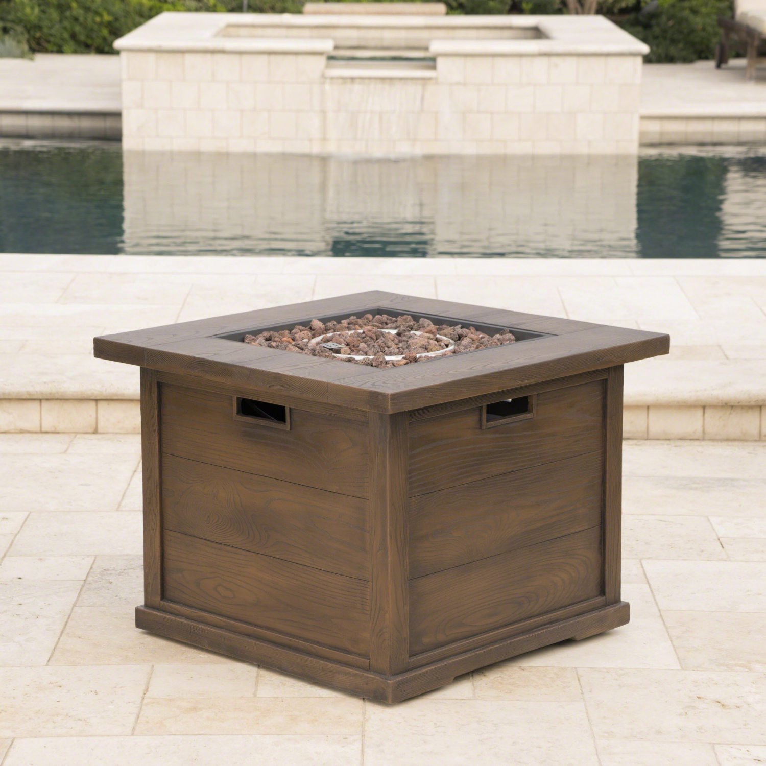 Patio Outdoor 24‘‘ H x 32‘‘ W Square Gas Burning Concrete Fire Pit Wood Pattern - Brown - 40 000 BTU