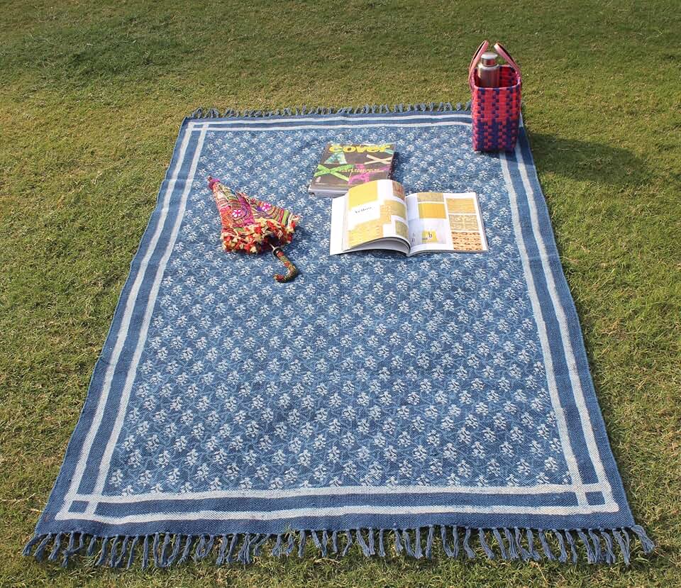 Cotton Washable Rug 10x18 Blue Cotton Rugs for Living Room Area Rug Flatweave Rug Indoor Outdoor Use Hand Block Printed Cotton Rugs Kitchen Laundry Bedroom Dining Table Mat