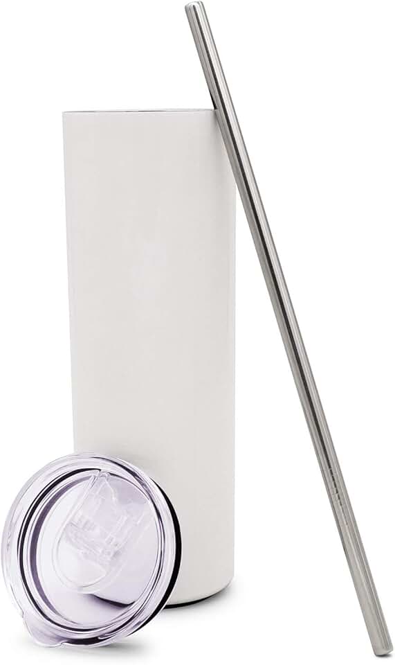 25 PCS Sublimation Blank Skinny Tumbler Stainless Steel 20 OZ Insulated Water Bottle Double Wall Vacuum Travel Cup for Heat Transfer With Sealed Lid and Straw WHITE