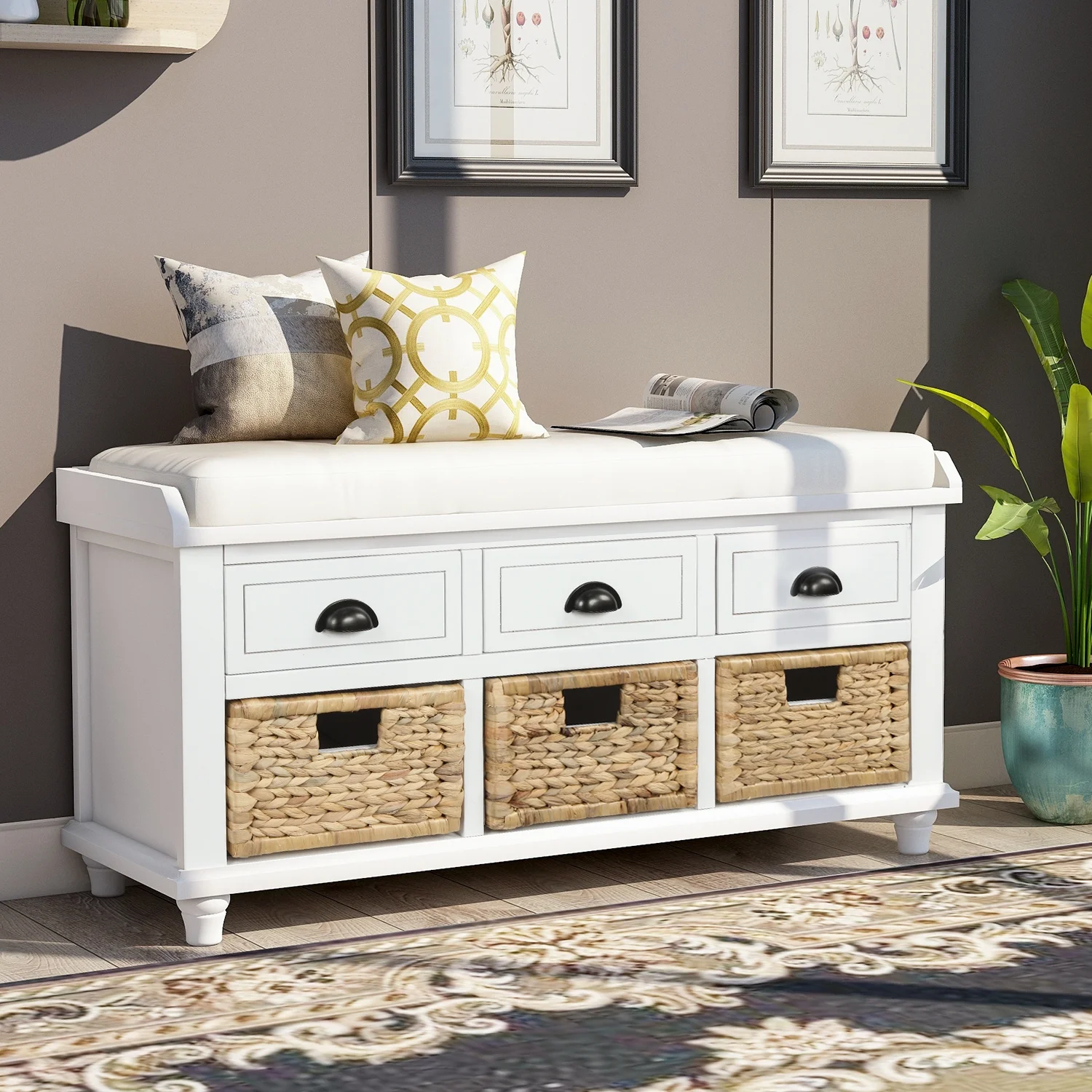 Inviting White Rustic Storage Bench with Three Beautiful Drawers and Three Stylish Rattan Baskets  Elegant Shoe Bench for Stylish Living Room Decor and Perfect Addition to Entryway