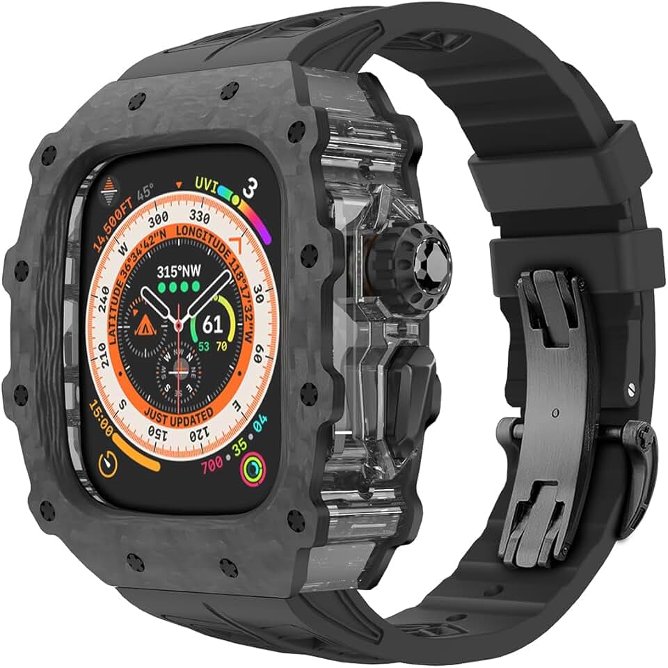 For Apple Watch Ultra 2 Case Carbon Fiber Fluorine Rubber Band, Luxury iWatch Ultra 49mm Carbon Fiber Case for Men, Replacement Fluorine Rubber Strap Apple Watch 49mm Protective Bumper Cover