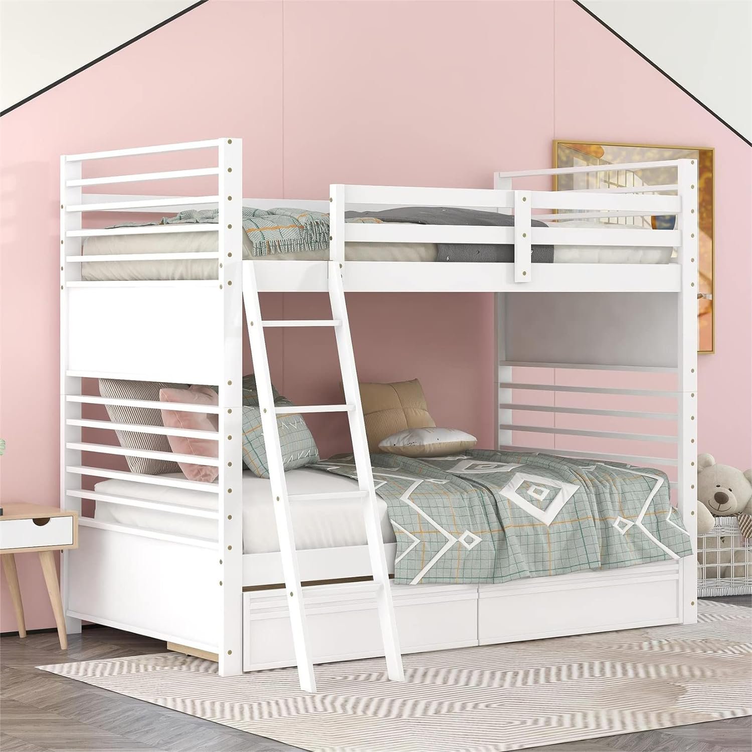 Over Bunk Beds With 2 Storage Drawers For Kids Teens Adult, Detachable Wood Size Bunk Bed Frame For Boys’ & Girls’ Dorm Bedroom, White