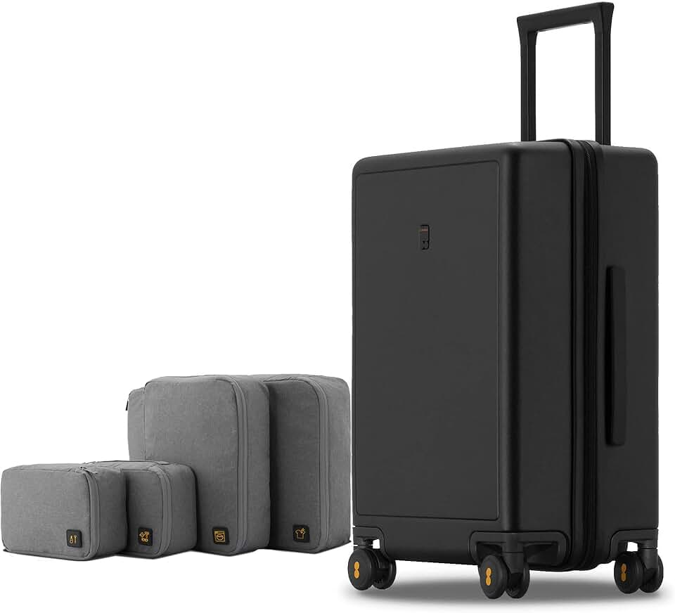 LEVEL8 Elegance Checked Luggage, 24 Inch Hardside Suitcase, Lightweight Matte Hardshell with Tsa Lock, Large Suitcase with Spinner Wheels, 24 Inch, Black