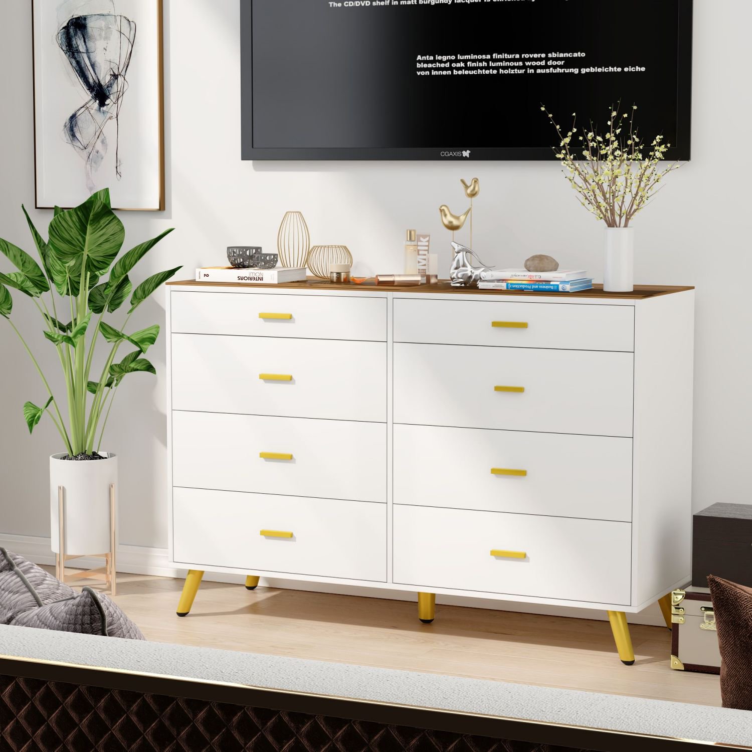 PAKASEPT White 8 Drawer Dresser with Visualization Countertop and Metal Legs, Tall Storage Chest for Bedroom, Living Room, Closet, or Entryway