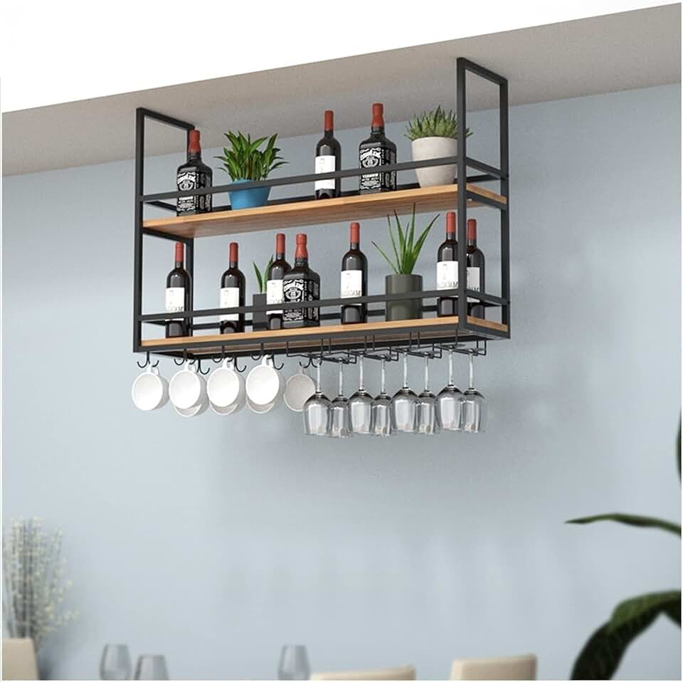 Hanging Wine Glass Rack-Wall Mounted Wine Rack Hanging Shelves Plant Stand Double Ceiling Hanging Wine Rack/Wine Glass Rack/Plant Rack Wine Racks Free Standing Wall Mount Floating