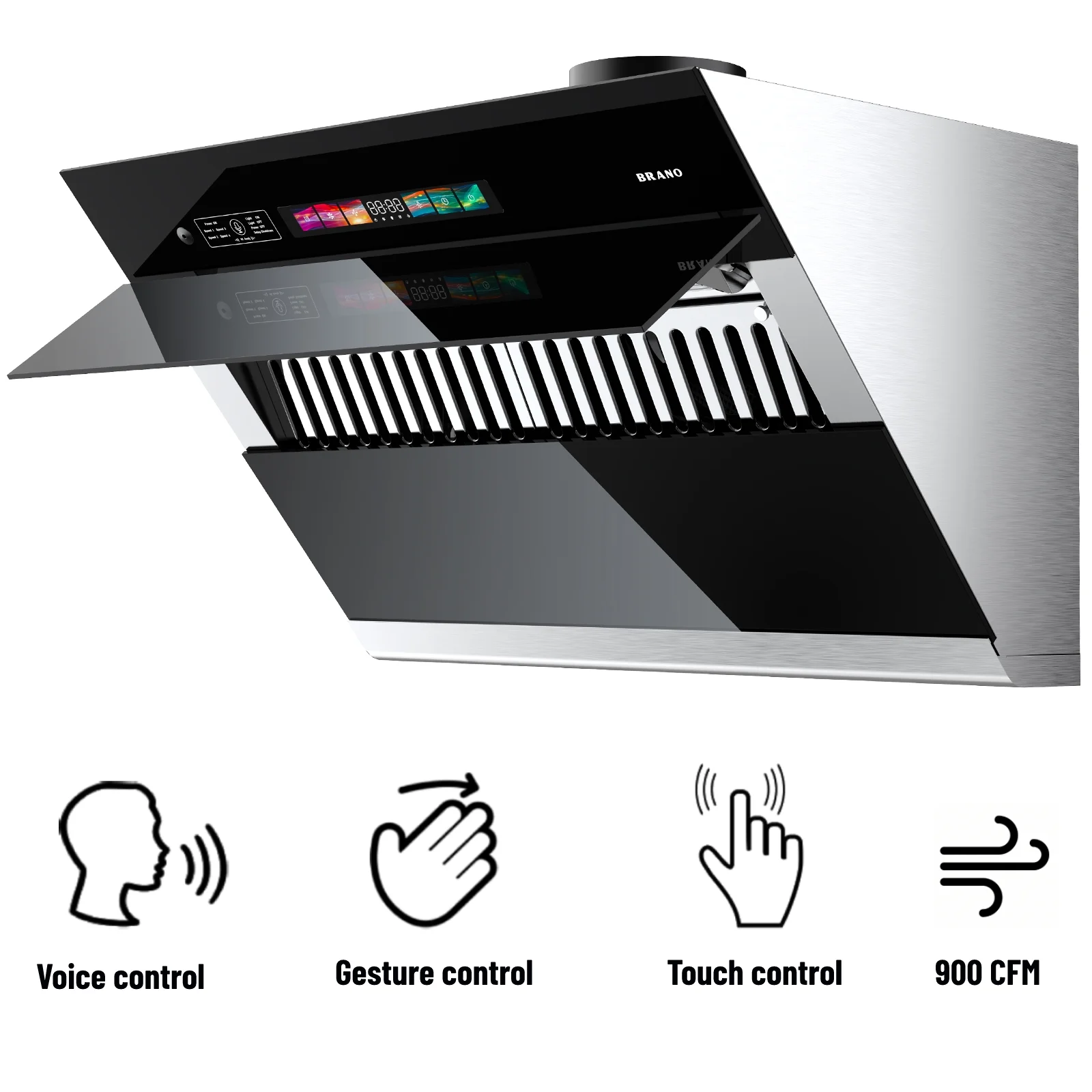 BRANO Under Cabinet Range Hood 30 inch 900 CFM, Voice/Gesture Sensing/Touch Control Panel, Side-Draft Design Modern Kitchen Hood, Ducted/Ductless Convertible