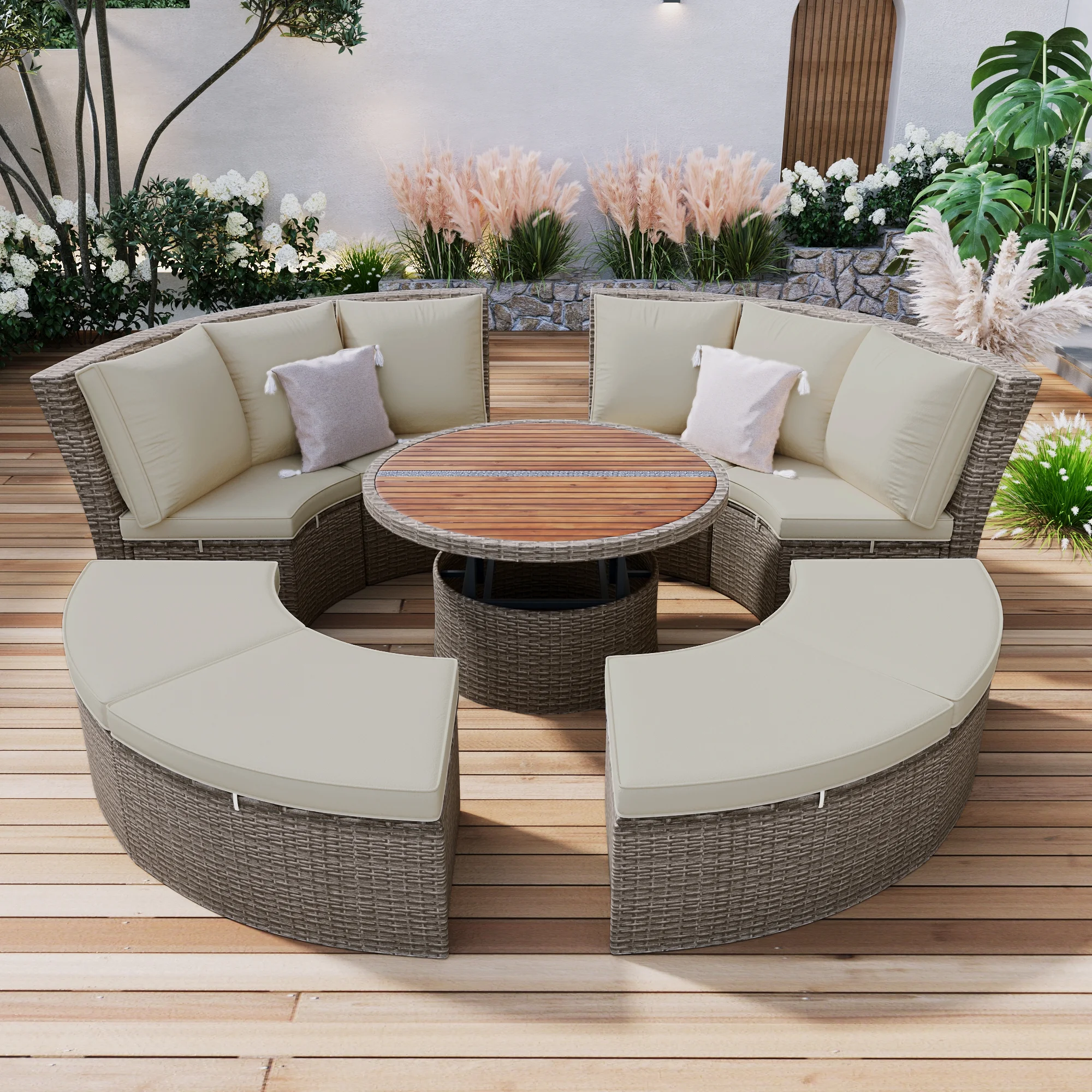 Patio Round Rattan Sectional Sofa Set 5 Pieces All-Weather PE Wicker Sunbed Daybed with Round Liftable Table and Washable Cushions for Outdoor Backyard Poolside, Gray