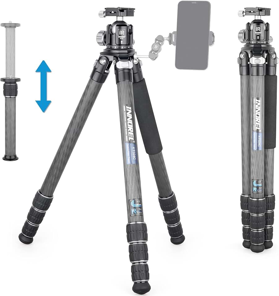 Carbon Fiber Tripod INNOREL KT324C Professional Portable Compact Travel Tripod for DSLR Camera Heavy Duty Stand Support 1.28in/32.5mm Tube with Low Gravity Center Panoramic Ball head Center Column