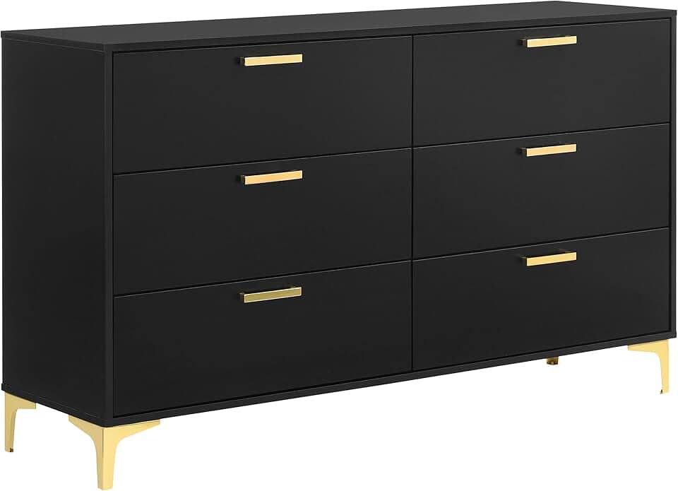 Coaster Home Furnishings Kendall 6-Drawer Contemporary Dresser Bedroom Clothing Storage Cabinet Engineered Wood Eco-Friendly Laminate with Gold Metal Legs and Handles Black 224453