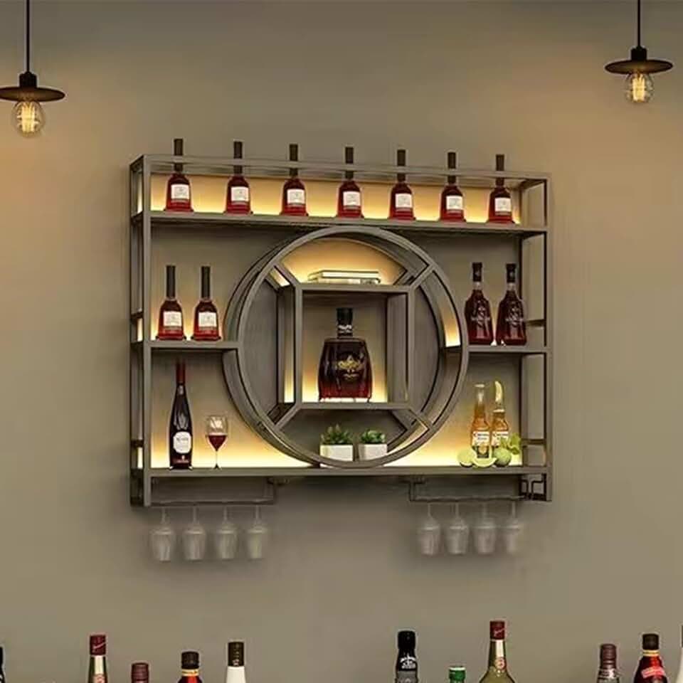 Modern Bar wall mount wine rack Large 3-Tier metal wine glass holder Goblet Display Storage Industrial floating wine racks With Led Lights Iron Bar Liquor Shelf Wine Storage For Kitchen Bar Decoration