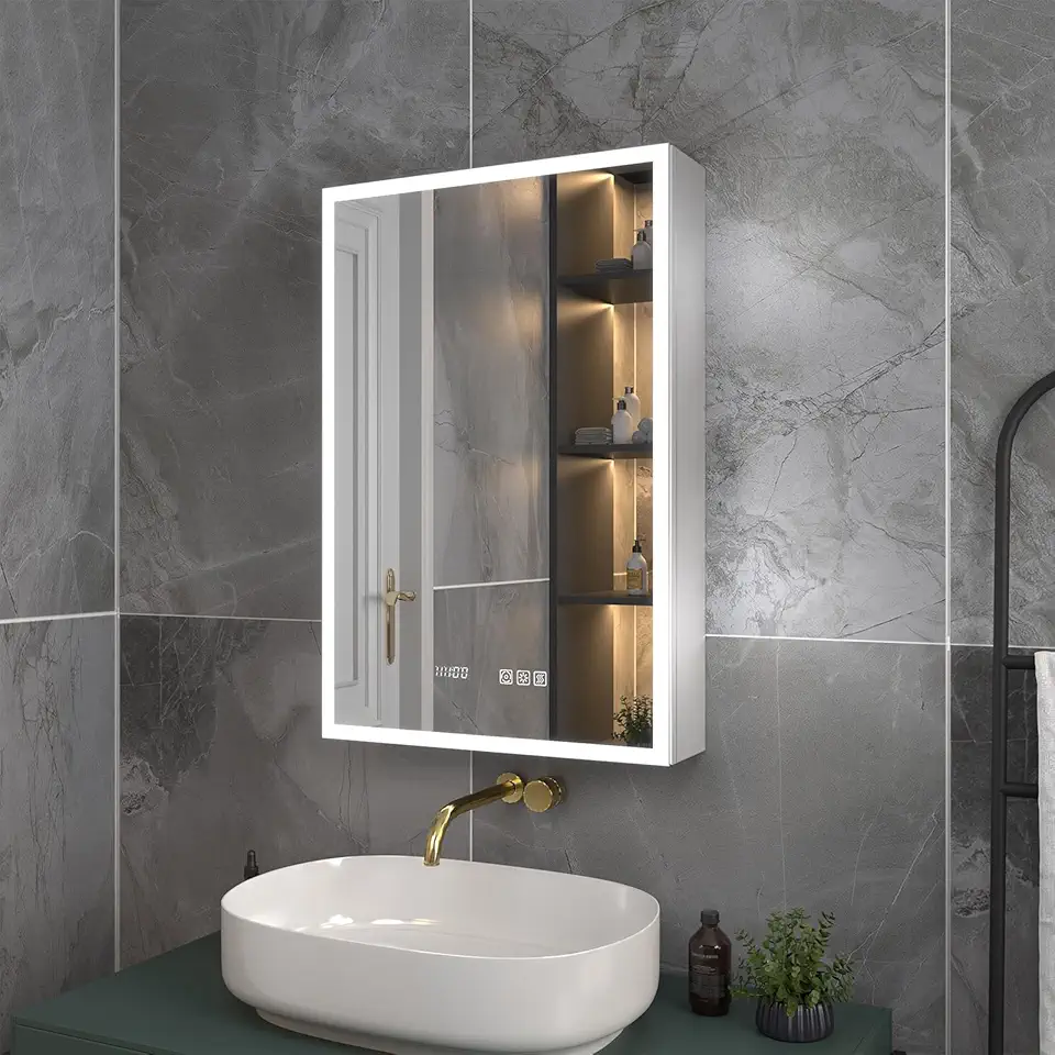 ExBrite Lighted Medicine Cabinet 20 x 30 Inch,Recessed or Surface led Medicine Cabinet, Clock&Room Temp Display,Defog,Dimming,Medicine Cabinet with Lights 3-Color Temper Chang,Hinge on The Left