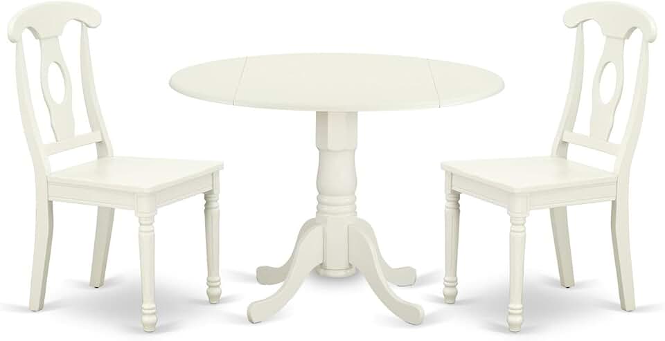 East West Furniture Dublin 3 Piece Room Set Contains a Round Kitchen Table with Dropleaf and 2 Dining Chairs, 42x42 Inch, Linen White
