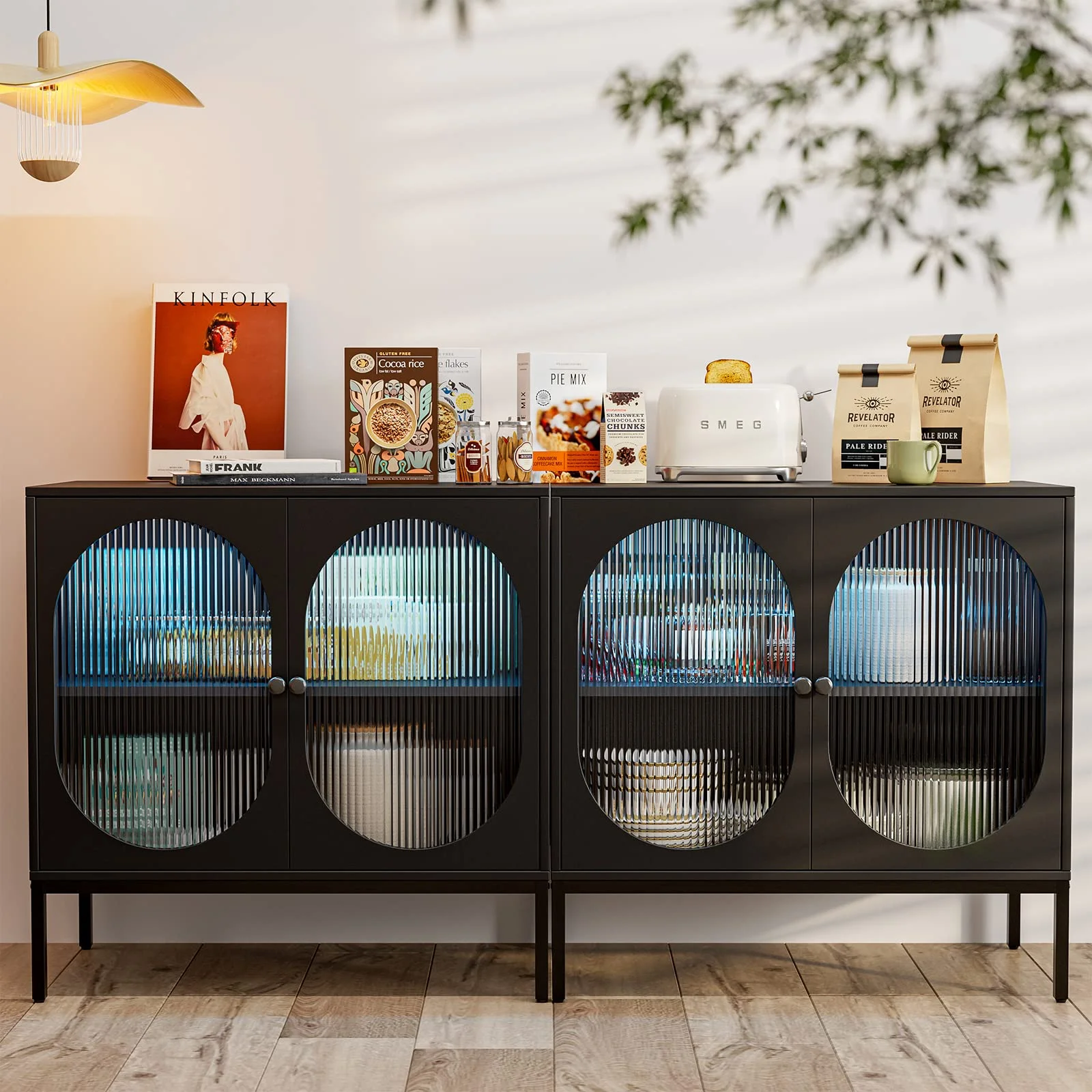 IKIFLY Modern Set of 2 Glass Storage Cabinet, Sideboard Buffet Cabinet with LED Lights and Adjustable Shelves, Accent Console Tables for Kitchen, Dining Room, Entryway, Living Room - Black