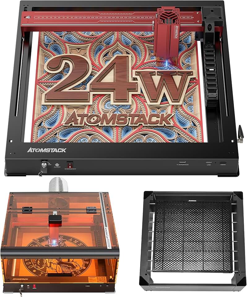 A24 PRO 24000mW (Basic) Laser Cutter and Engraver Machine with Laser Engraver & B3 Enclosure & H2 Riser Base, 24W Output Power Laser Cutter for Wood Metal Acrylic Craft