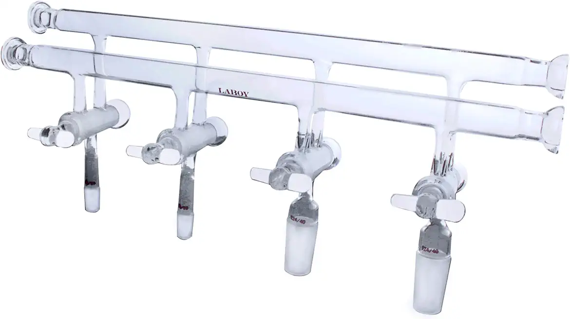 Laboy Glass Double Maniflod Vacuum Gas Distributor for Schlenk Line with 4mm High Vacuum Stopcock & # 15 O-Ring Joints Air-Free Chemistry Lab Glassware