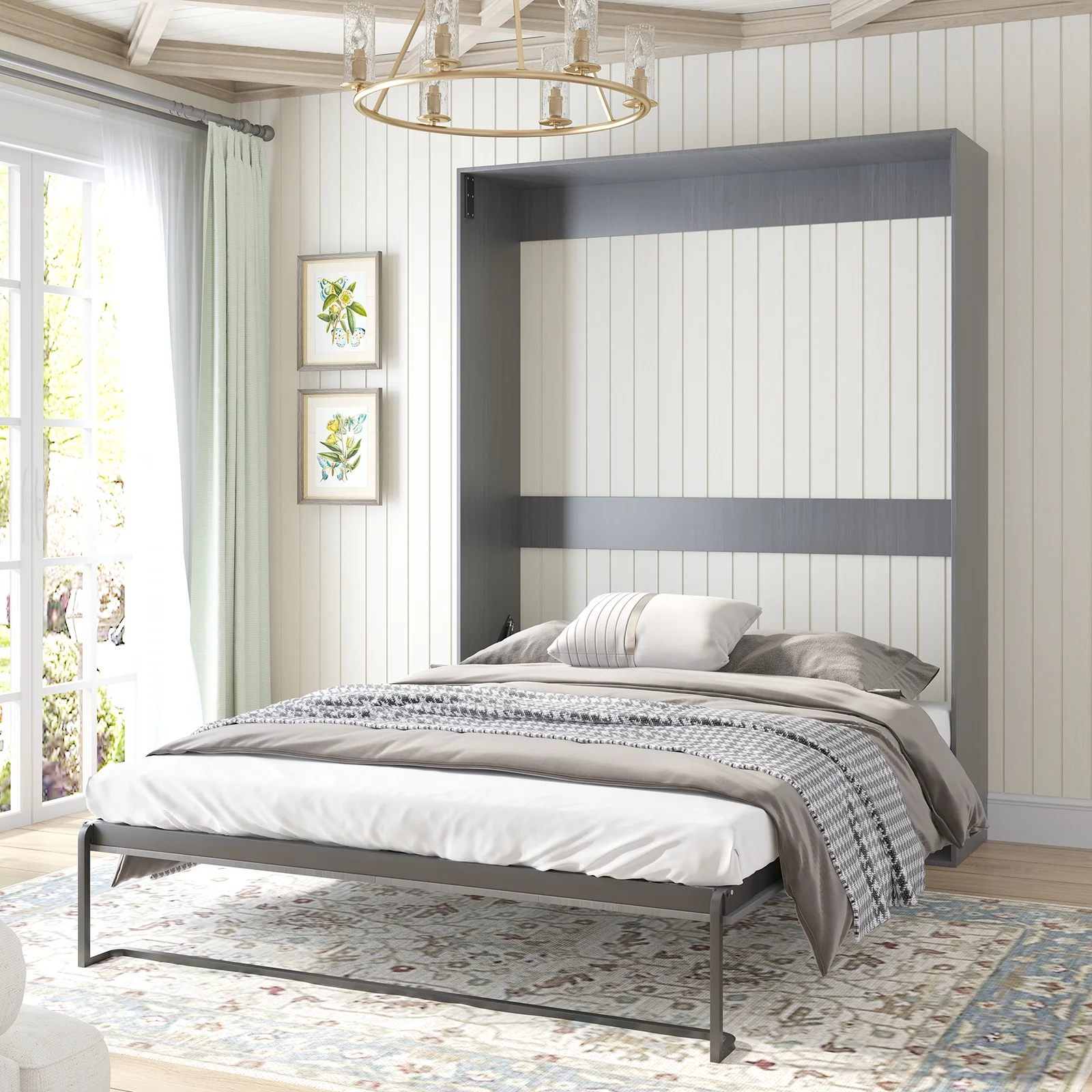 ijuicy Murphy Bed with Wardrobe, Foldable Wall Bed for Bedroom, Fold Up Murphy Cabinet Bed, Queen Size Murphy Chest Bed Can Be Folded into a Cabinet, Storage Bed For Home/Office/Studio Dark Grey