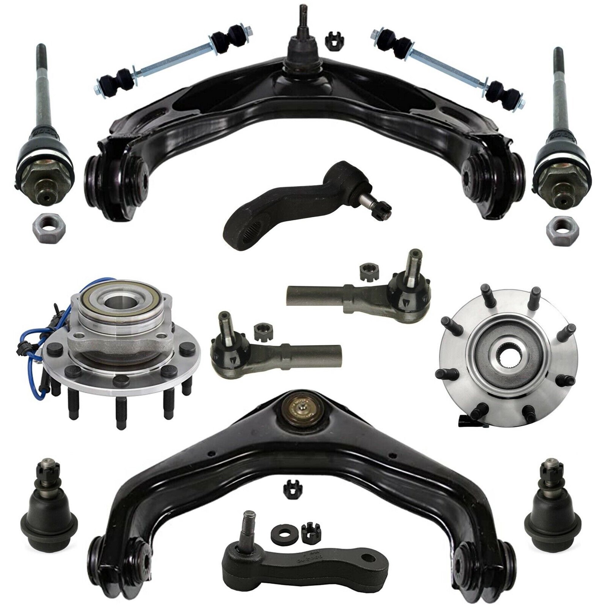 14 Pc Suspension & Steering Kit Control Arm & Ball Joint Offset Inner & Outer Tie Rod Sway Bars Wheel Hub Bearing Assembly Idler & Pitman Arms Fits select: 2001-2007 CHEVROLET SILVERADO