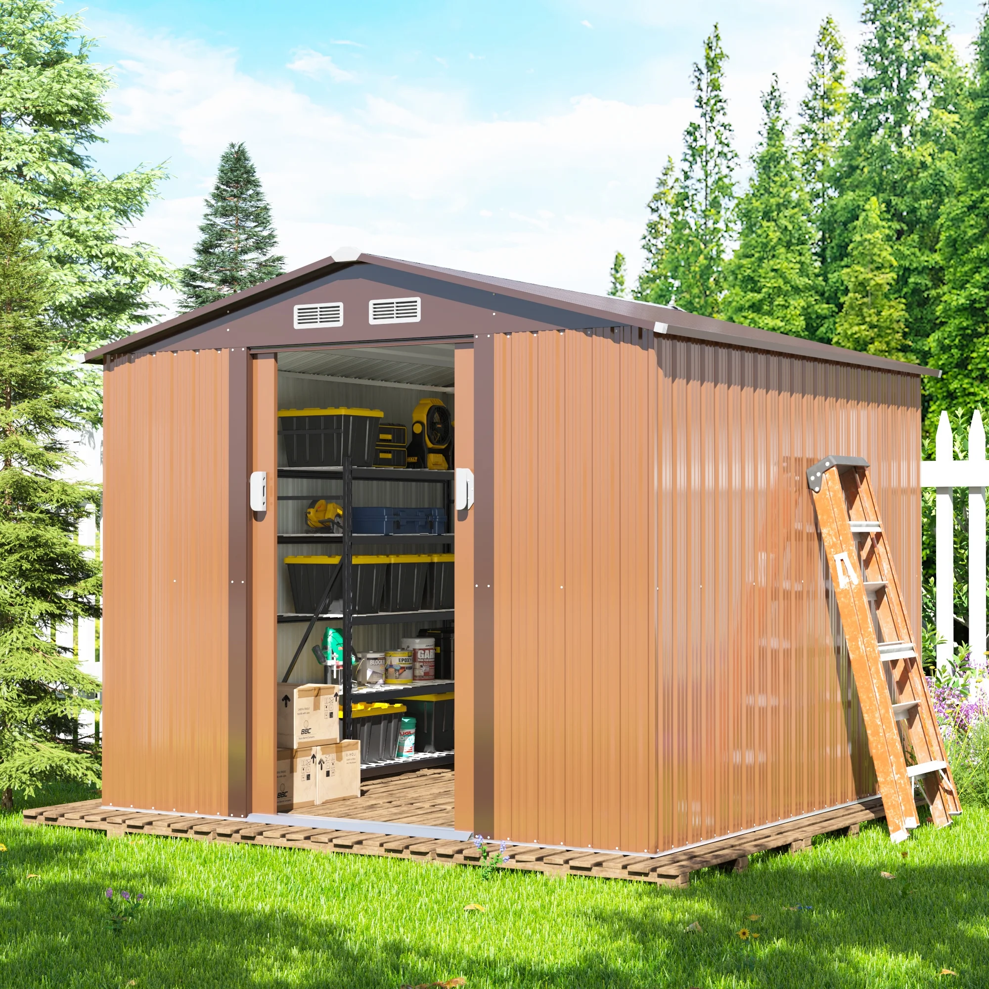 JAXSUNNY 8' x 8' Garden Tool Storage Utility Shed, Outdoor House Galvanized Steel W/ Sliding Door, 4 Vents, Brown