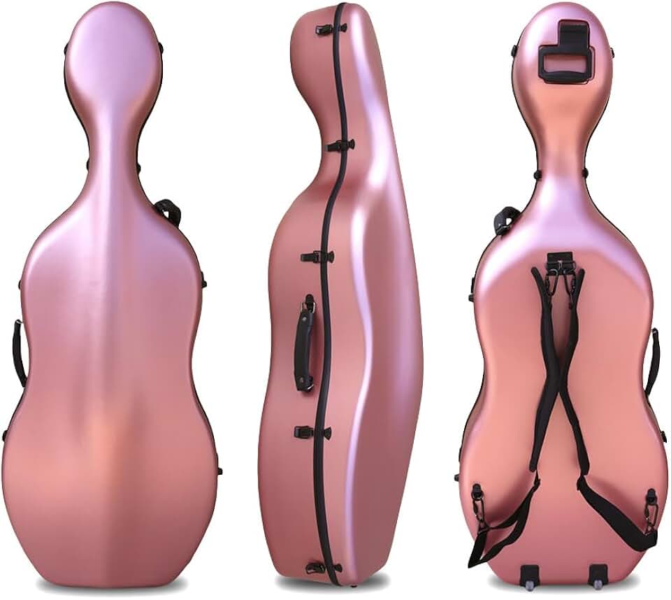 4/4 Full Size Cello Case Hard Carbon Fiber Strong & Ultralight Cello Box ca. 4.0 kg with Strong Handle & 2 Bow Holders & Back Straps & Wheels (Pink)