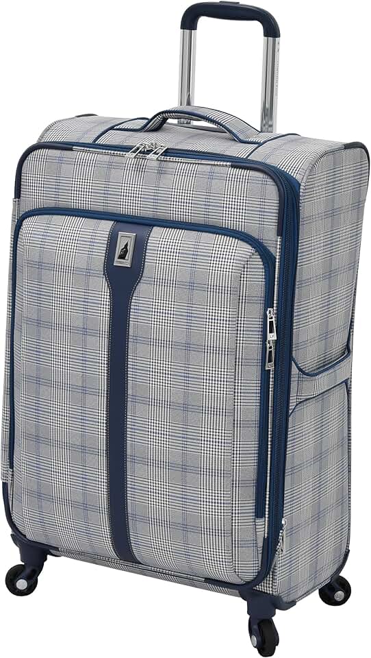 LONDON FOG Knightsbridge Hyperlights Softside Expandable Spinner Luggage, Grey/Navy Plaid, Checked-Medium 25-Inch