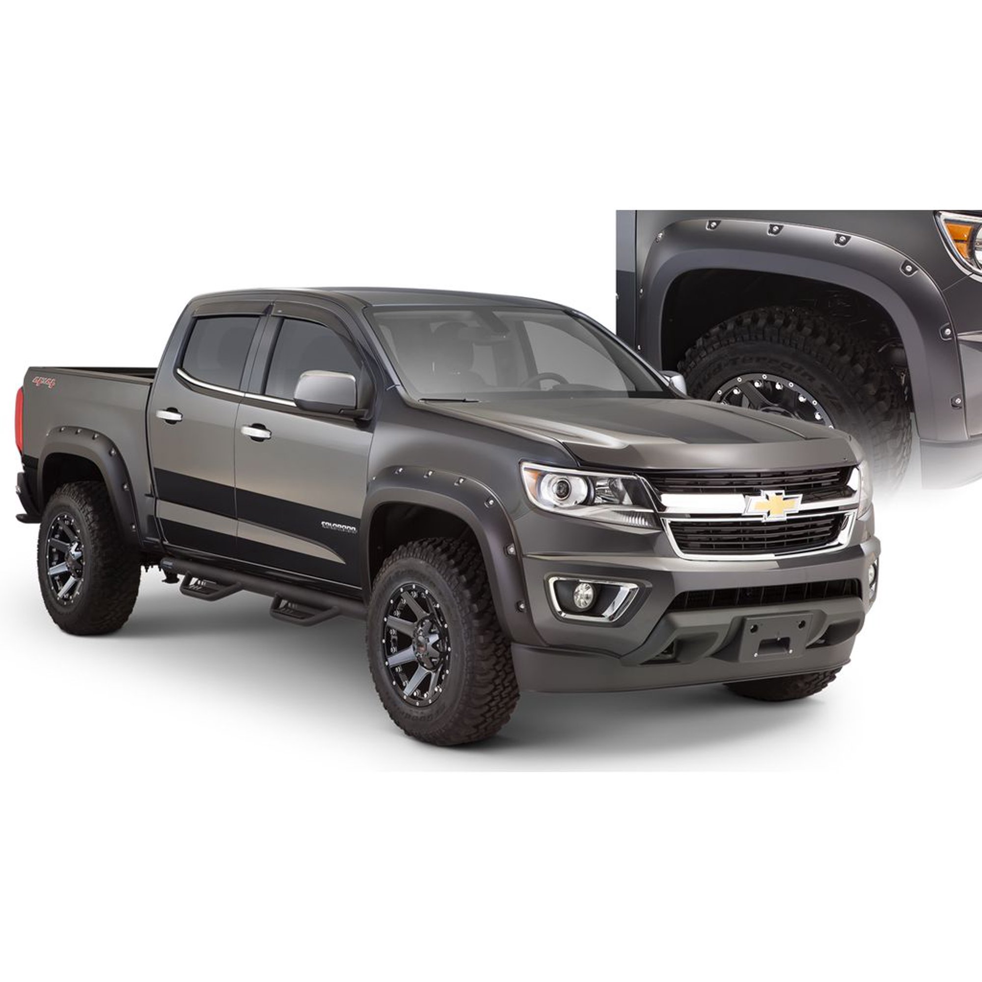 Bushwacker by RealTruck Pocket/Rivet Style Front & Rear Fender Flares | 4-Piece Set, Black, Smooth Finish | 40970-02 | Compatible with 2015-2022 Chevrolet Colorado w/ 6.2' Bed