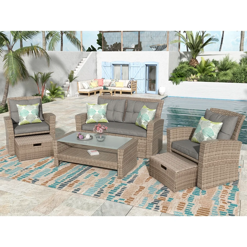 Outdoor Patio Furniture Set, 6-Piece PE Rattan Wicker Patio Dining Table Set with Ottomans and Cushions, Outdoor Conversation Sets with Glass Coffee Table, Patio Bistro Set for Backyard Porch, Q14477