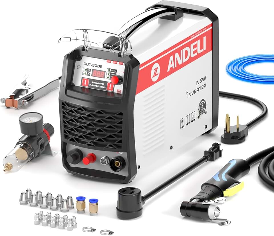 ANDELI Plasma Cutter, 50Amps Non-Touch Pilot Arc Air Plasma Cutter 1/2 Inch Clean Cut,with 110/220V Dual Voltage IGBT Inverter Plasma Cutting Machine CUT-50DS Red White