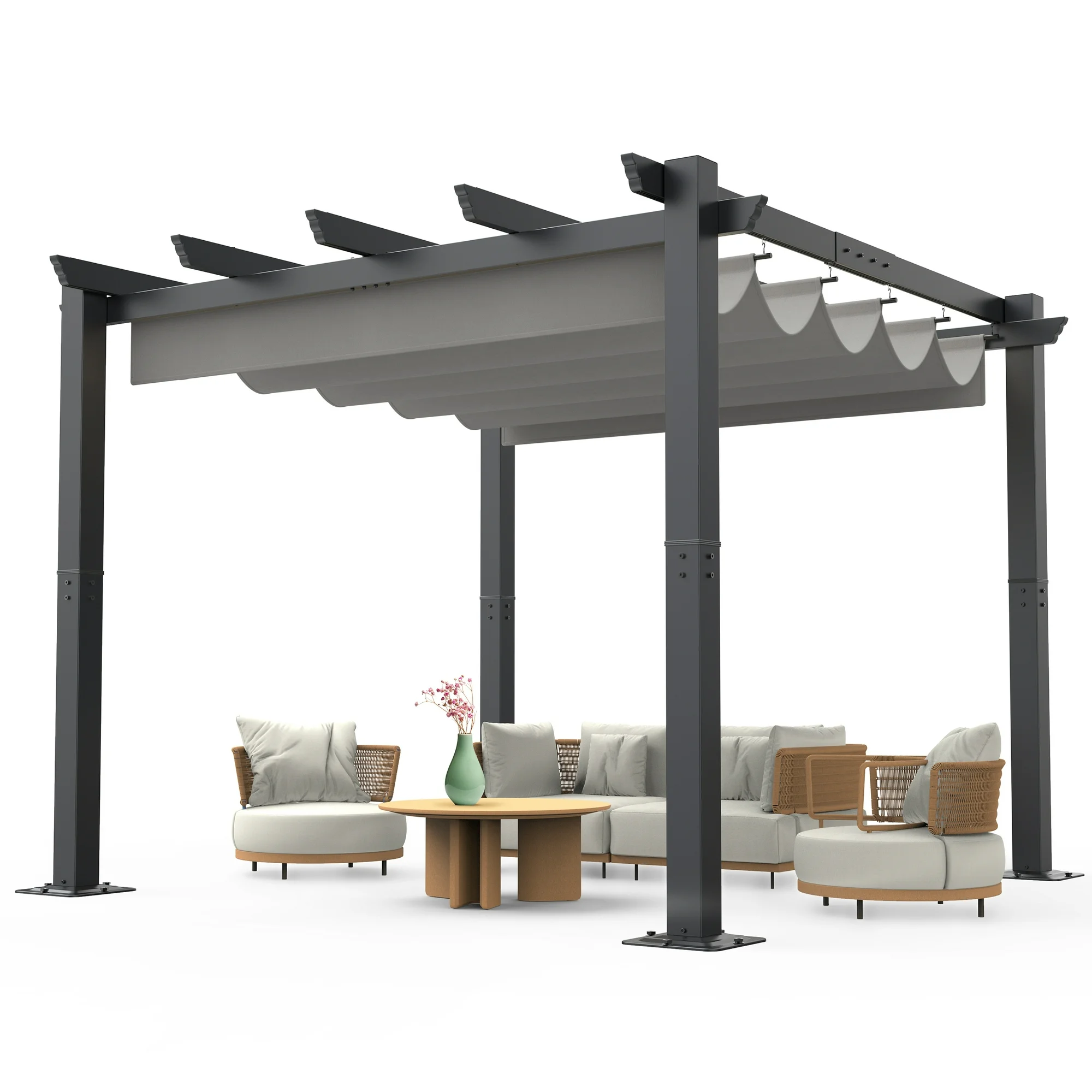 Outdoor Pergola with Retractable Sun Shade Canopy, Aluminum Garden Pergola, Patio Metal Shelter for Porch Yard BBQ Beach Grape Trellis-Grey