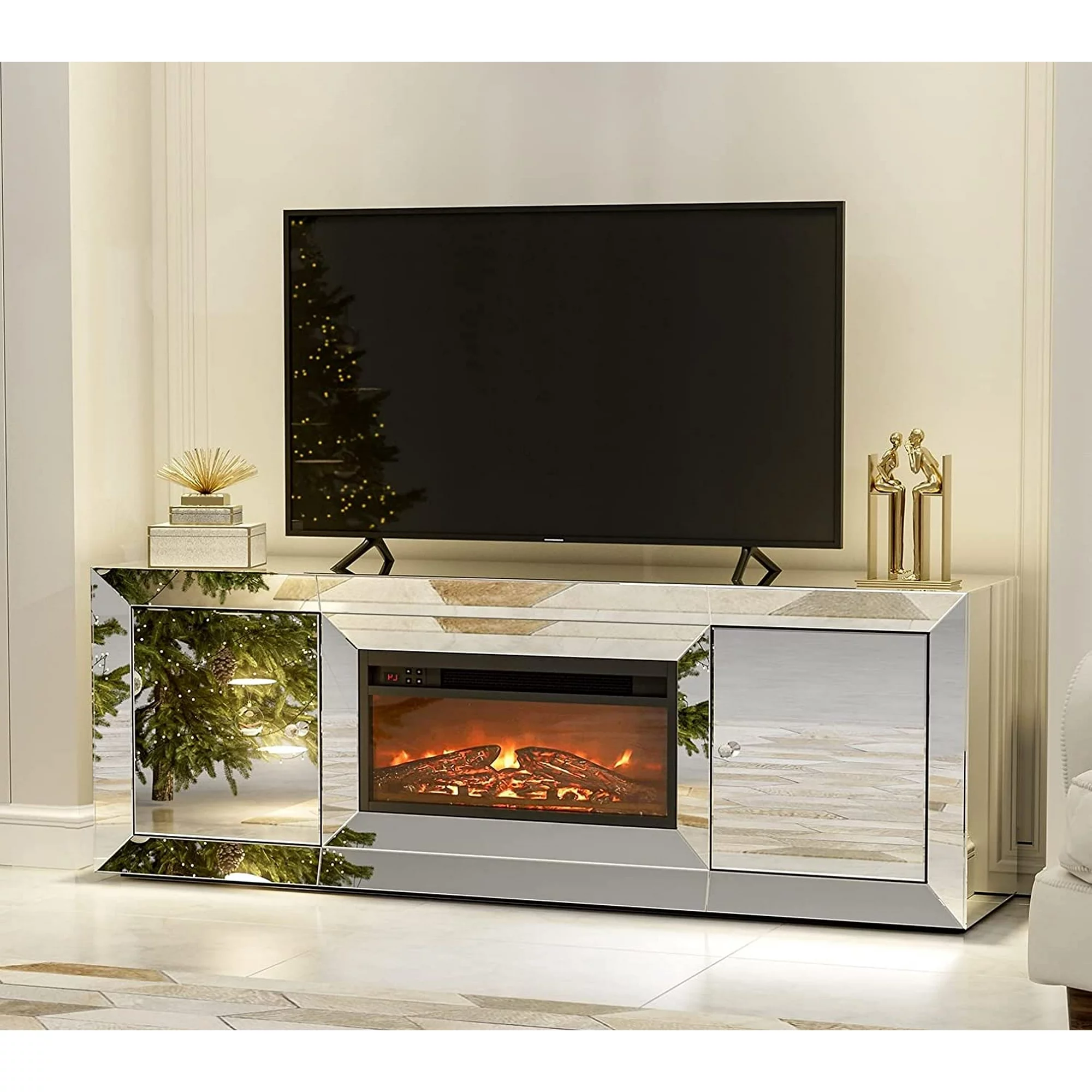 IKIFLY Mirrored TV Stand with Fireplace, TV Stand for 65+ inch TV, Mantel Freestanding Heater w/7 Colors Changing &3D Realistic Flame Effect, Silver Entertainment Center Furniture for Living Room