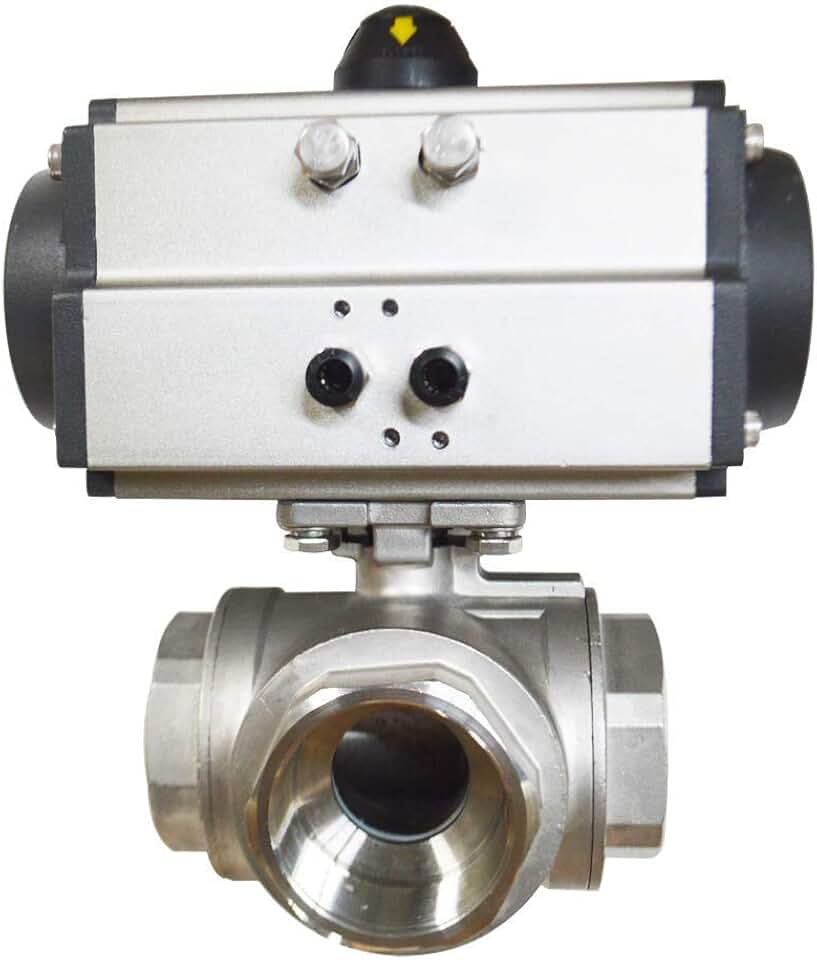 INTSUPERMAI Three-Piece 2inch Pneumatic Actuated Ball Valve Three-Way Double Acting Globe Threaded 304 Stainless Steel for Automatic Control System