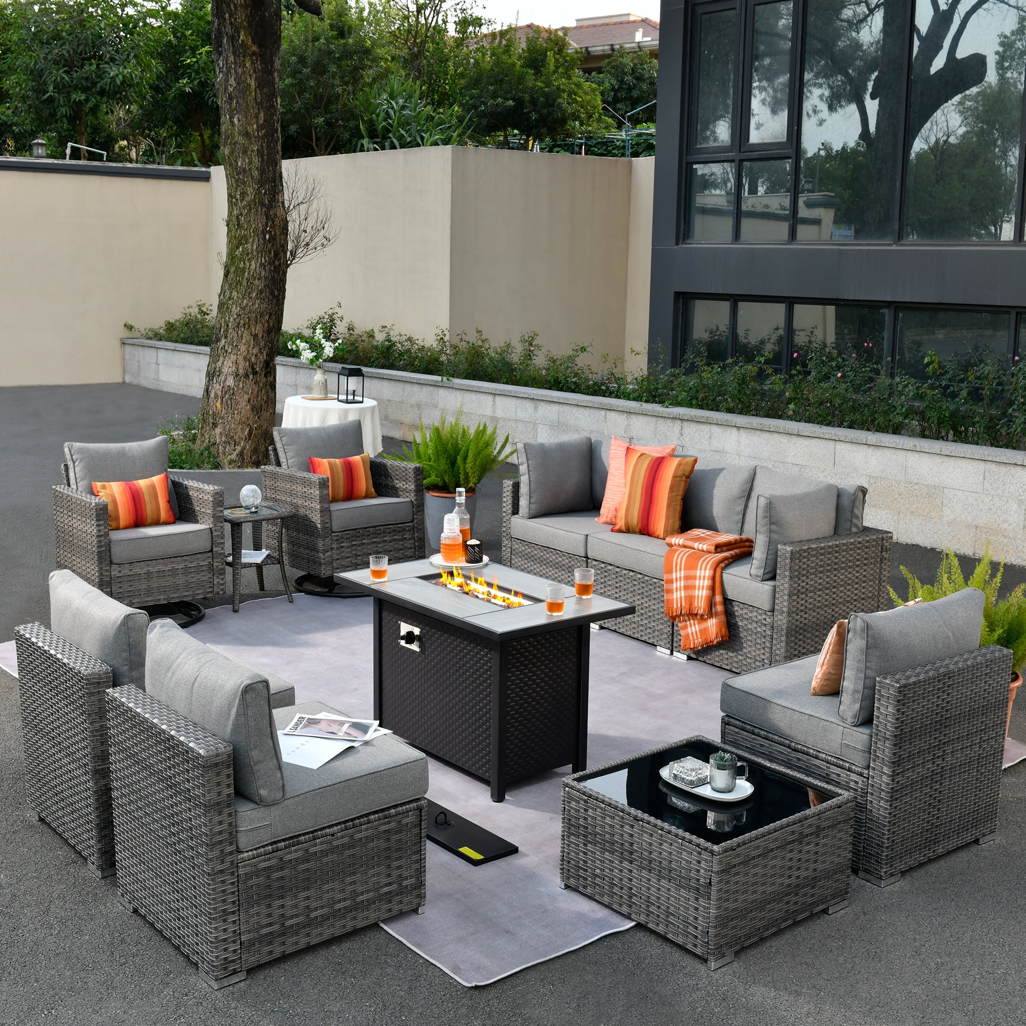 Ovios 11 Pieces Patio Fire Pit Set Outdoor Wicker Sectional Sofa Conversation Set with Swivel Rocking Chairs and Side Table,Dark Gray
