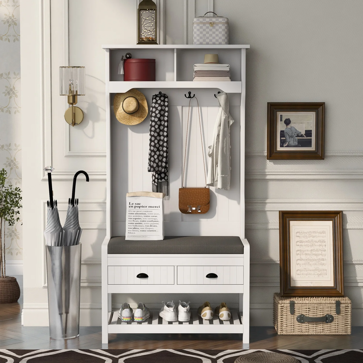 imerelez Hall Tree with 4 Hooks and Hinged Lid, Coat Hanger, Entryway Bench, Storage Bench, 3-in-1 Design, 69INCH, for Entrance, Hallway