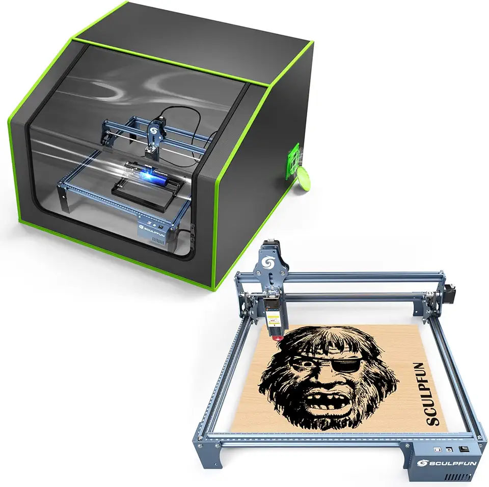 SCULPFUN S9 Laser Engraver with Laser Engraver Enclosure, 90W Effect High Precision CNC Laser Cutter and Engraver Machine, Fireproof Laser Cutter Protective Cover, Smoke & Odor Insulation, Noise Reduc